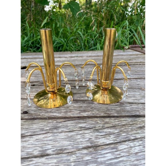 Vintage 1970s Small Brass Waterfall Crystal Candlestick Holders - Picture 4 of 11